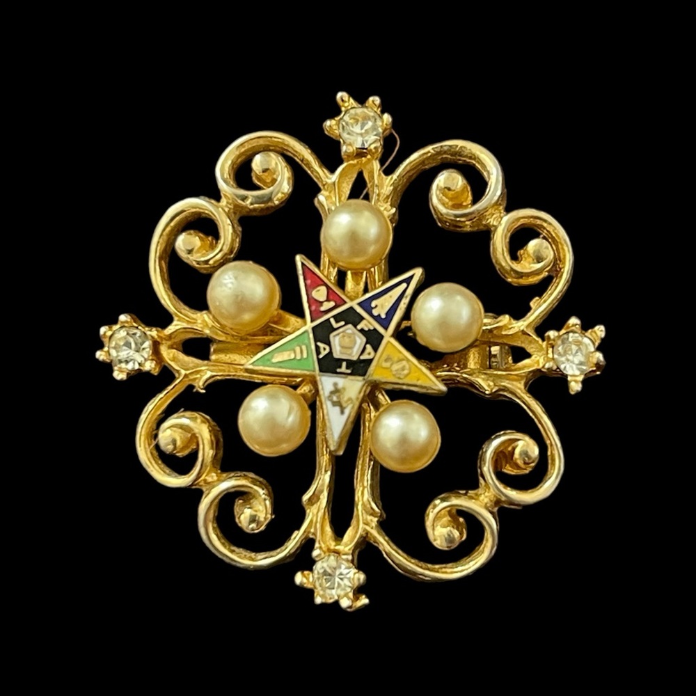 Pearl diamanté enamel gold tone Order Of The Easterner Star brooch pin